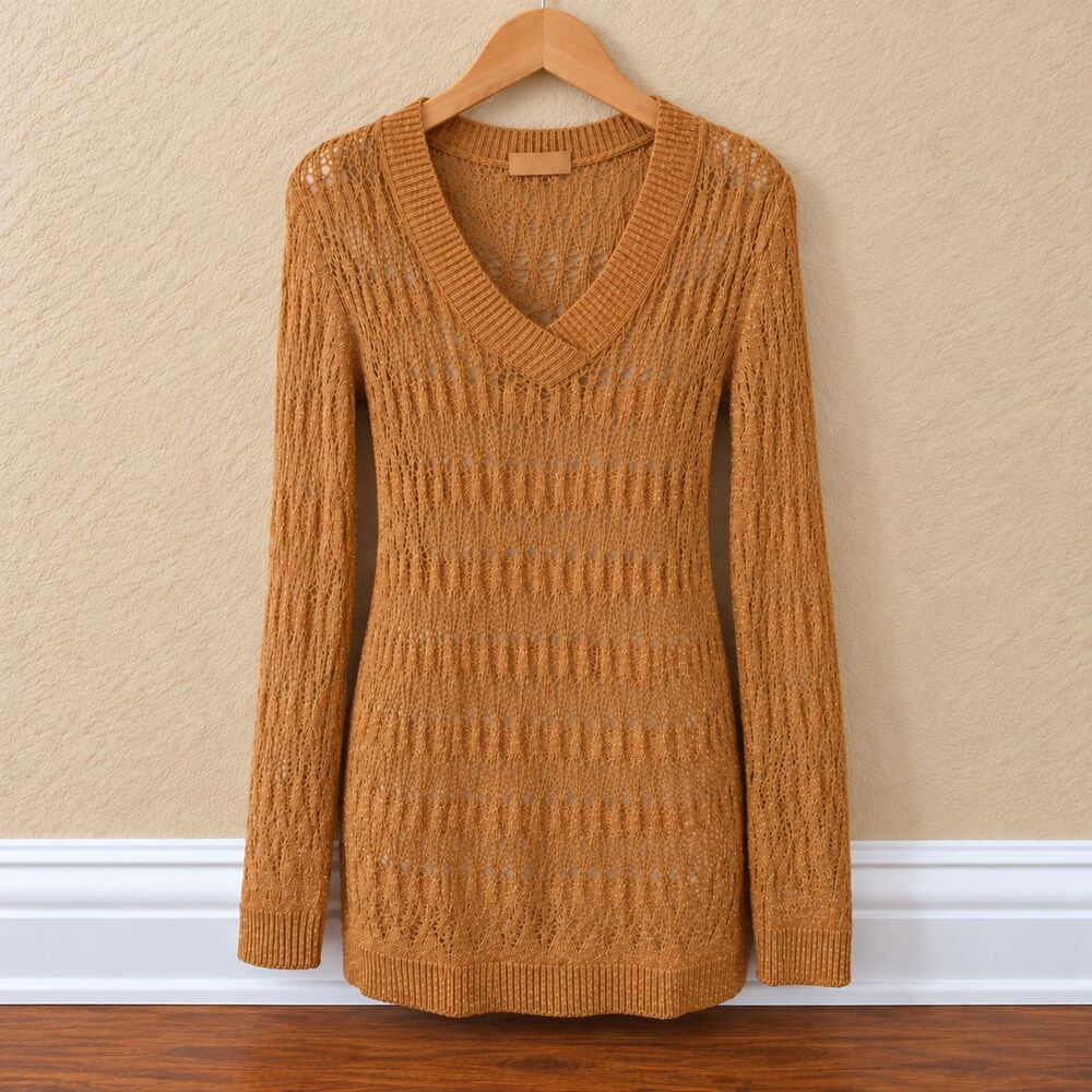 NWT Charlotte Russe Y2K Gold Metallic Shimmer Sweater Large V-Neck Sparkle Knit